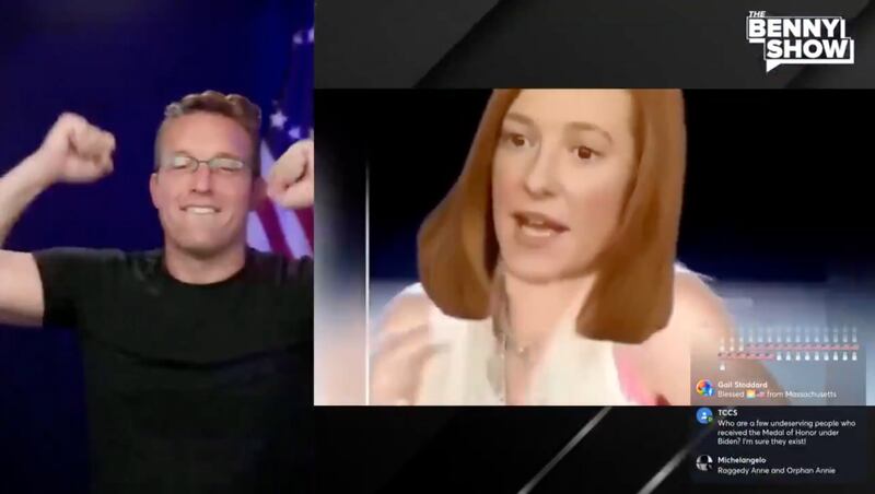 Benny Johnson dancing to a Jen Psaki meme on his YouTube show.