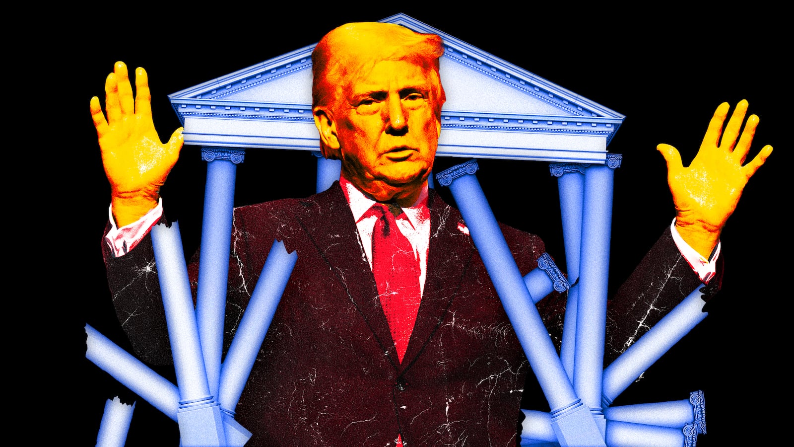 A photo illustration President Donald Trump with rubble of the White House pillars.