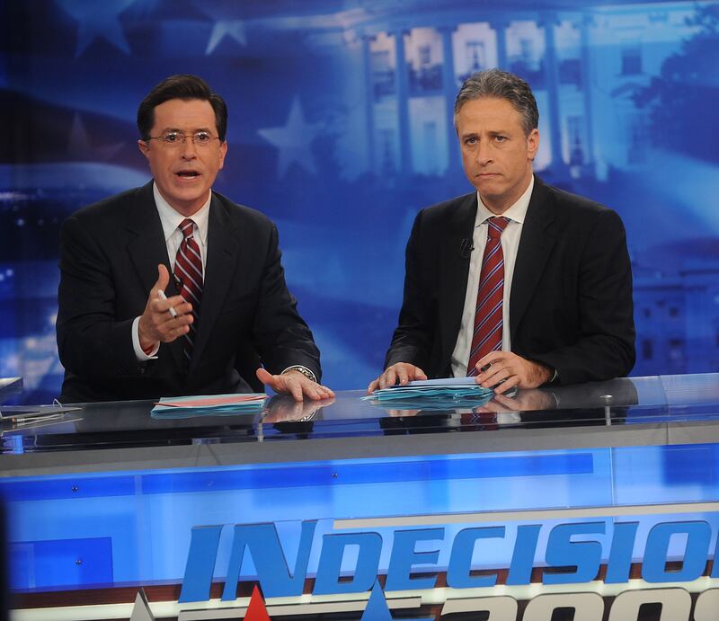Stephen Colbert and Jon Stewart host Comedy Central's "Indecision 2008: America's Choice" at Comedy Central Studios on November 4, 2008 in New York City. (Photo by Brad Barket/Getty Images for Comedy Central)