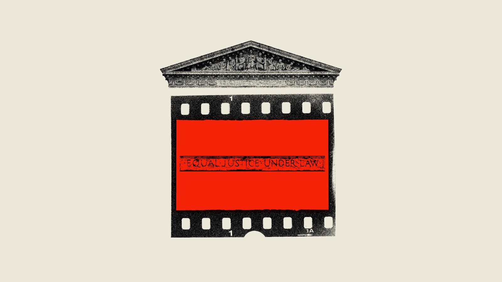 Photo illustration of a film strip frame with the Supreme Court pediment on top and “equal justice under law” inside the frame.