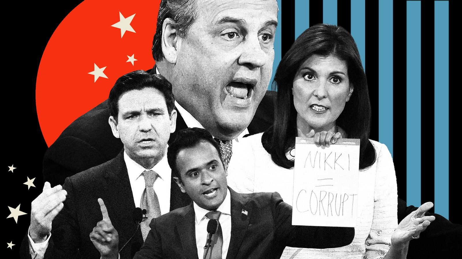 Photo illustration of Nikki Haley, Vivek Ramaswamy, Chris Christie, and Ron DeSantis