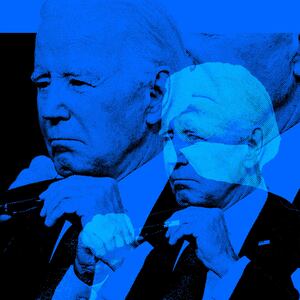 A photo illustration of Joe Biden in blue and black