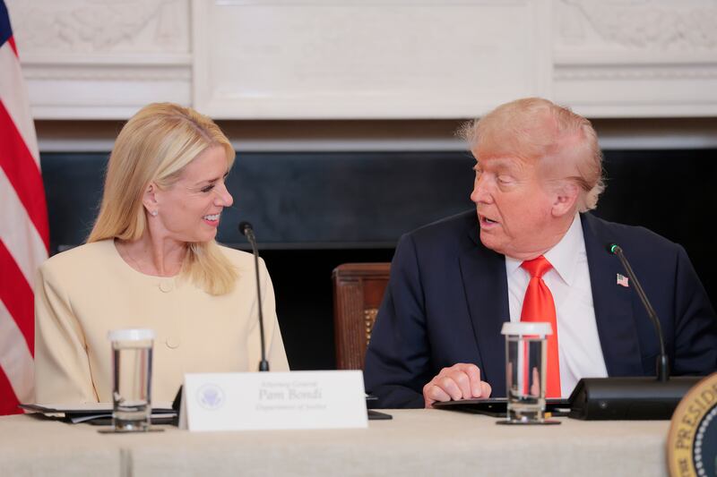 Attorney General Pam Bondi speaks with President Donald Trump at the White House on June 5, 2025 in Washington, D.C.