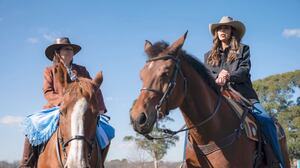 Homeland Security Kristi Noem rides a horse alongside Argentina's Security Minister Patricia Bullrich.