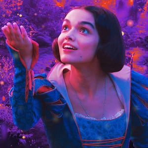 A photo illustration of Rachel Zegler as Snow White.