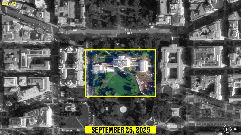 Satellite imagery showing the before and after of the demolition of the East Wing of the White House from September 26, 2025 to October 23, 2025.