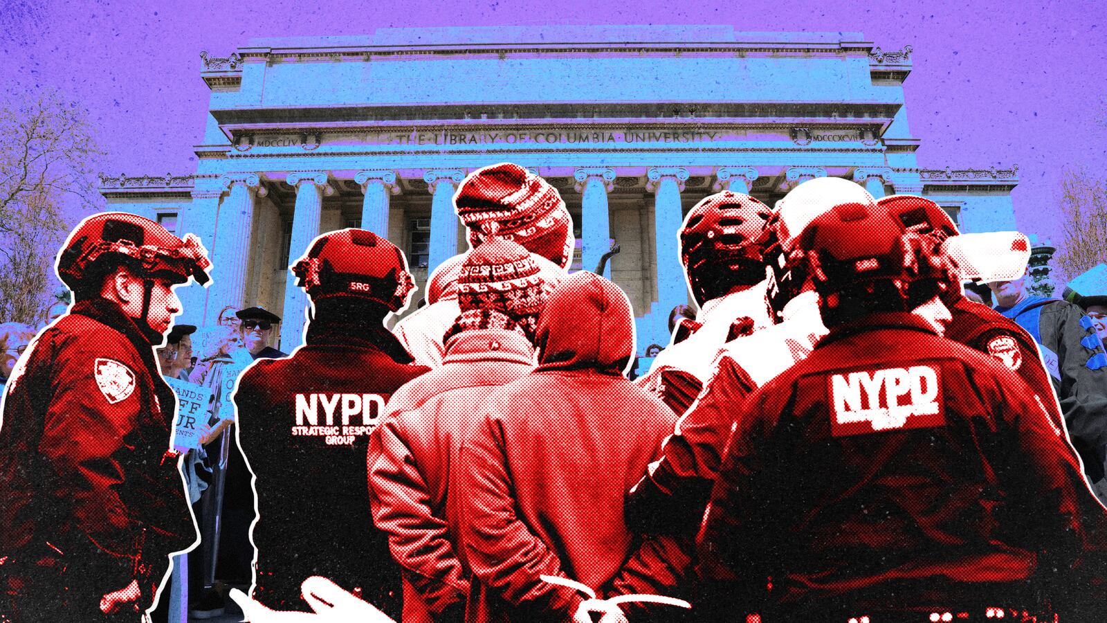 A photo illustration of students being arrested on the Columbia University Campus