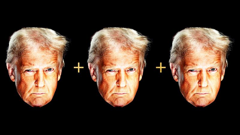 Donald Trump's presidential portrait three times with + signs in between