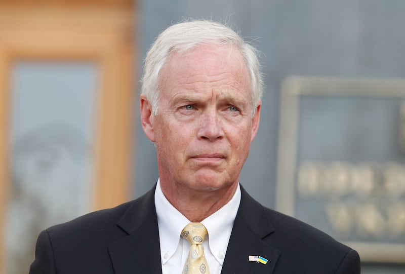 United States Senator Ron Johnson (Republican of Wisconsin) speaks to journalists with joint a press conference with United States Senator Chris Murphy (Democrat of Connecticut) (not seen) after their meeting with Ukrainian President Volodymyr Zelensky, outside the Presidential Office in Kiev, Ukraine, on 5 September, 2019. (Photo by STR/NurPhoto via Getty Images)