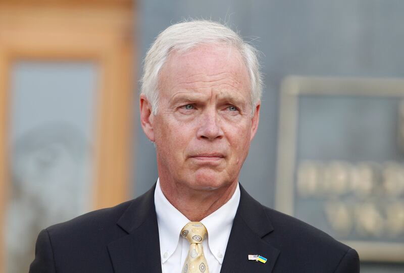 United States Senator Ron Johnson (Republican of Wisconsin) speaks to journalists with joint a press conference with United States Senator Chris Murphy (Democrat of Connecticut) (not seen) after their meeting with Ukrainian President Volodymyr Zelensky, outside the Presidential Office in Kiev, Ukraine, on 5 September, 2019. (Photo by STR/NurPhoto via Getty Images)
