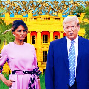 A photo illustration of Melania Trump and President Donald Trump in front of a golden White House with palm trees.