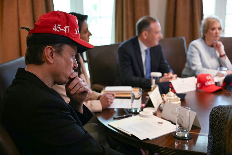 Elon Musk wearing a "Gulf of America" hat while he listened during a Cabinet meeting on April 30, 2025.