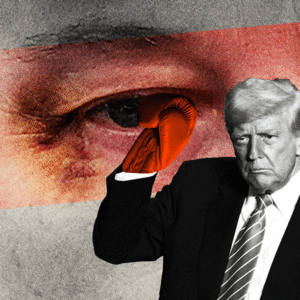 Photo illustrative gif of Donald Trump wearing boxing gloves on top of a close up photo of Elon Musk with a black eye