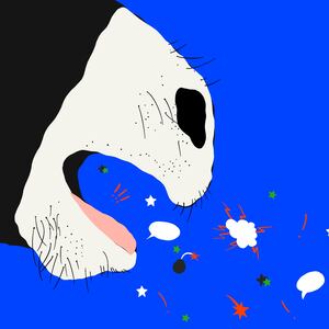 Illustration of a donkey braying with cartoon exclamations coming out of his mouth on a blue background