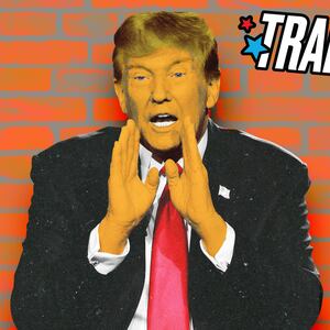 Donald Trump shouting in front of a brick wall