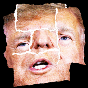 Donald Trump shifting through various faces on ripped paper