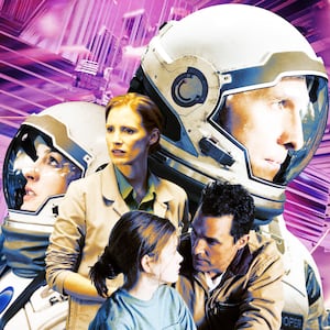 A photo illustration of Anne Hathaway, Jessica Chastain, Matthew McConaughey, and Mackenzie Foy.