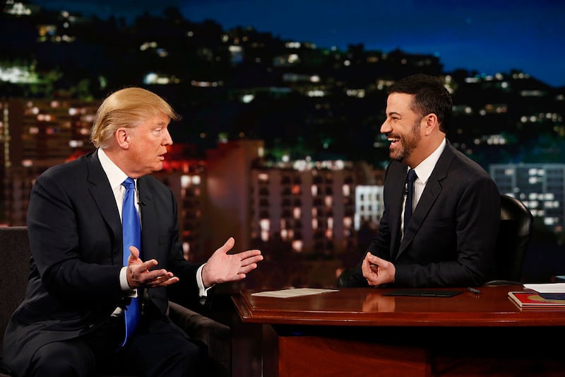 JIMMY KIMMEL LIVE - Emmy Award-nominated "Jimmy Kimmel Live" airs every weeknight (11:35 p.m. - 12:41 a.m., ET), packed with hilarious comedy bits and features a diverse lineup of guests including celebrities, athletes, musicians, comedians and humorous human interest subjects. The guests for Wednesday, December 16 included Republican Presidential candidate Donald Trump and musical guest Gary Clark Jr. (Photo by Randy Holmes/Disney General Entertainment Content via Getty Images)
DONALD TRUMP, JIMMY KIMMEL