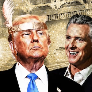 Gavin Newsom, Donald Trump and Trump's Gatsby party.