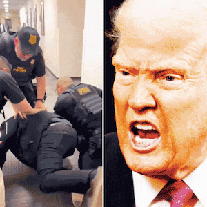 A photo illustration of Senator Alex Padilla being detained outside a Kristi Noem presser and President Donald Trump.
