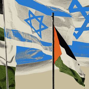Photo illustration of three Israeli flags and three Palestinian flags