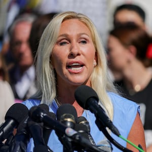 U.S. Representative Marjorie Taylor Greene (R-GA) speaks at a press conference alongside alleged victims of Jeffrey Epstein at the U.S. Capitol in Washington, D.C. on September 3, 2025, announcing the Epstein Files Transparency Act, which calls for the release of all unclassified documents in the Jeffrey Epstein case. (Photo by Bryan Dozier / Middle East Images via AFP) (Photo by BRYAN DOZIER/Middle East Images/AFP via Getty Images)