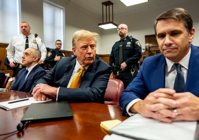 A photo of Todd Blanche in Manhattan Criminal Court with Donald Trump during the former president’s criminal hush money trial.