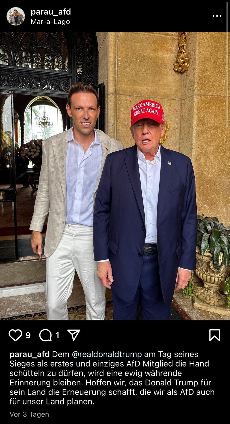 Alternative für Deutschland's Phillipp-Anders Rau poses with Donald Trump at the Mar-a-Lago resort.