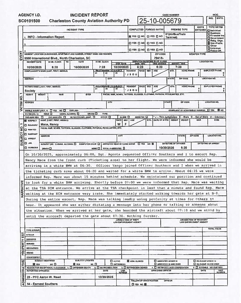 Nancy Mace information report at Charleston Airport 10/30/25