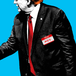 A photo illustration of Donald Trump wearing a "hello my name is" badge shaking hands with someone 