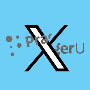 The X logo in between a broken PragerU logo on a blue background