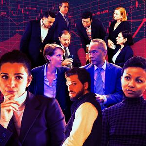 A photo illustration of casts and Industry and Succession on HBO