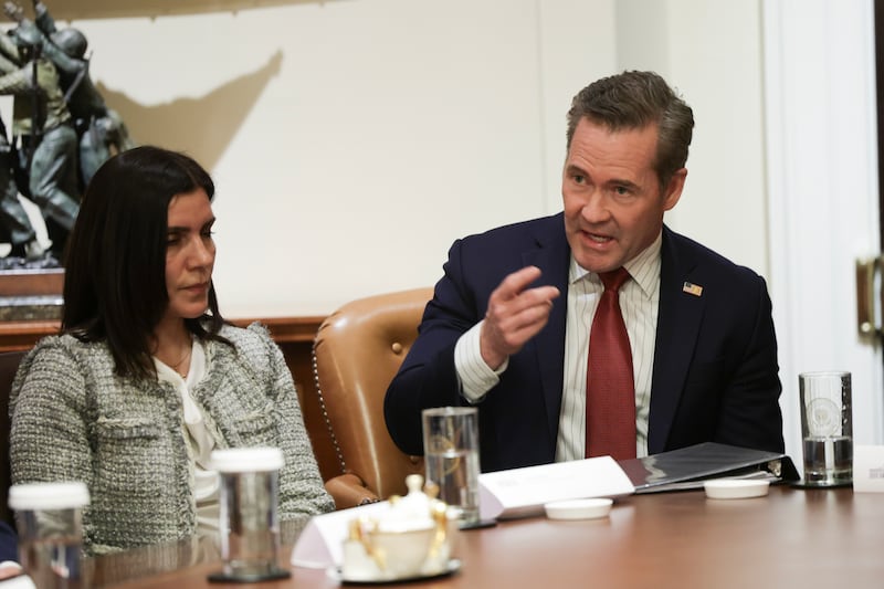 National Security advisor Mike Waltz speaks as he sits with U.S. President Donald Trump during an Ambassador Meeting in the Cabinet Room of the White House on March 25, 2025 in Washington, DC.