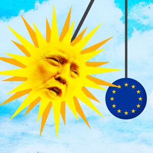 A photo illustration of a newton's cradle set of balls with a large spiky one with Donald Trump's face on it swinging into balls with the EU, Japan, UK, and Chinese flag on them.