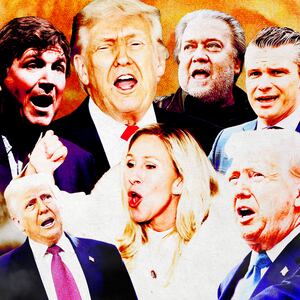 A photo illustration of Tucker Carlson, President Donald Trump, Marjorie Taylor Greene, Steve Bannon, and SecDef Pete Hegseth in front of an explosion.