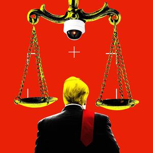An illustration including photos of Former US President Donald Trump and Cameras