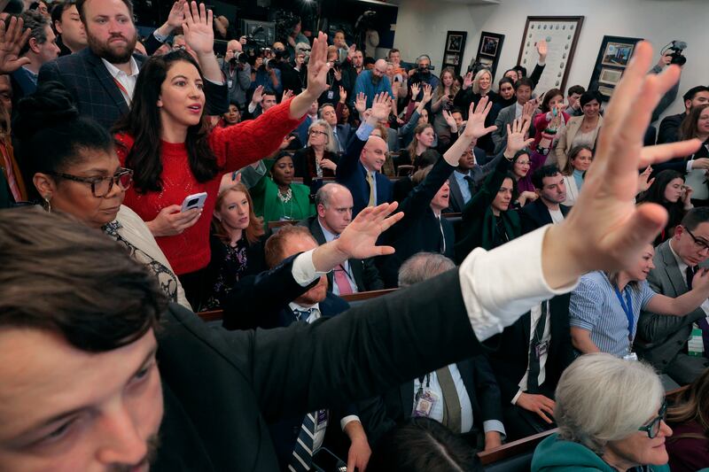 Reporters attempt to ask a last question before White House Press Secretary Karoline Leavitt ends her first news conference in the Brady Press Briefing Room at the White House.