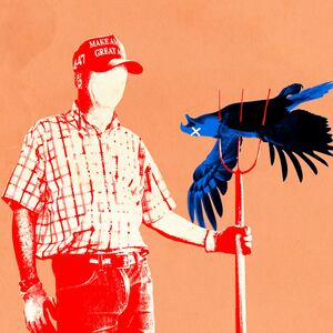 Illustration of a person in a MAGA hat with a pitchfork impaling an eagle
