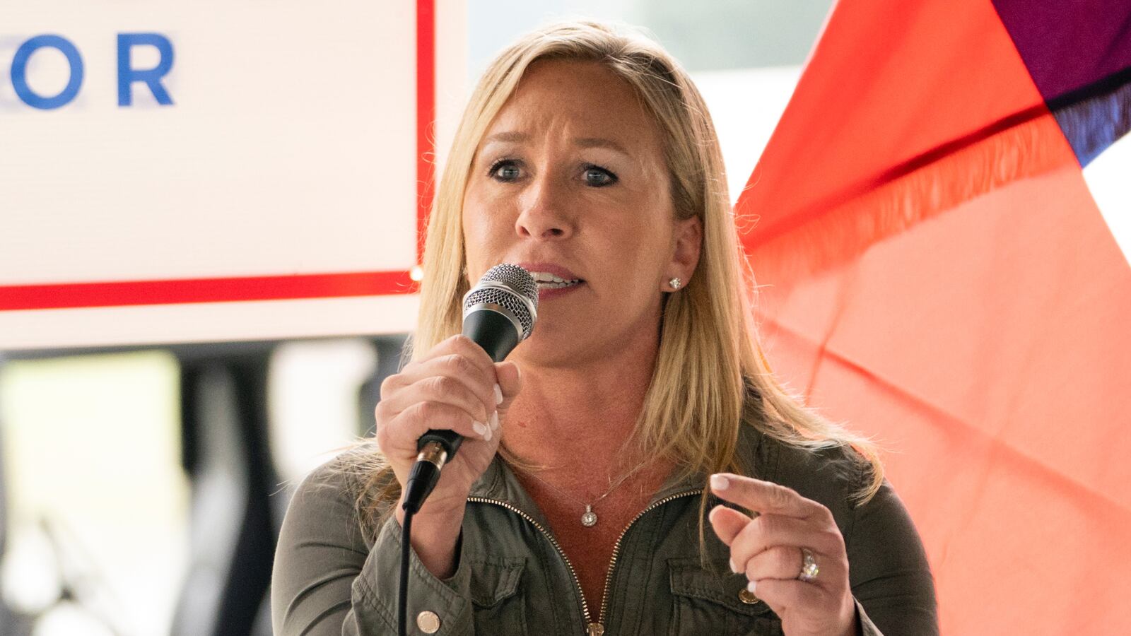 Republican U.S. House candidate Marjorie Taylor Greene speaks at a news conference in Dallas, Georgia.