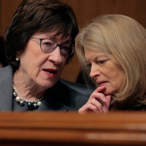 Sen. Susan Collins (L) and Sen. Lisa Murkowski talk during the confirmation hearing for Lori Chavez-DeRemer, President Donald Trump’s pick to lead the Labor Department, in the Dirksen Senate Office Building on Capitol Hill on February 19, 2025 in Washington, DC