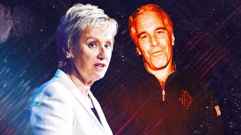 A photo illustration of Tina Brown and Jeffrey Epstein on a dark background.