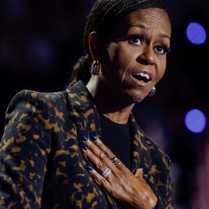 Former U.S. first lady Michelle Obama speaks during a campaign event for Democratic presidential nominee U.S. Vice President Kamala Harris at Wings Event Center in Kalamazoo, Michigan, October 26, 2024.