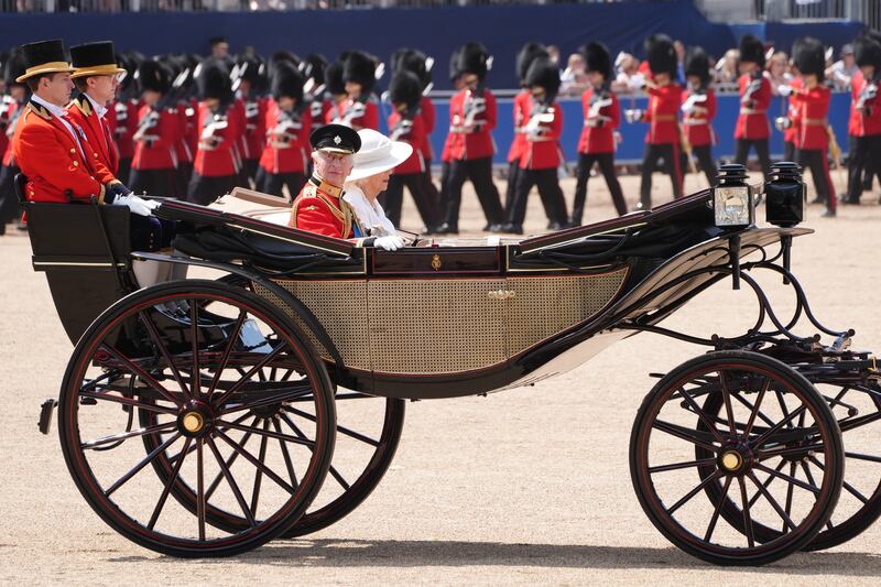 King Charles III and Queen Camilla during the Trooping the Colour ceremony at Horse Guards Parade, central London, in celebration of King Charles III's official birthday. Picture date: Saturday June 14, 2025. (Photo by Jonathan Brady/PA Images via Getty Images)