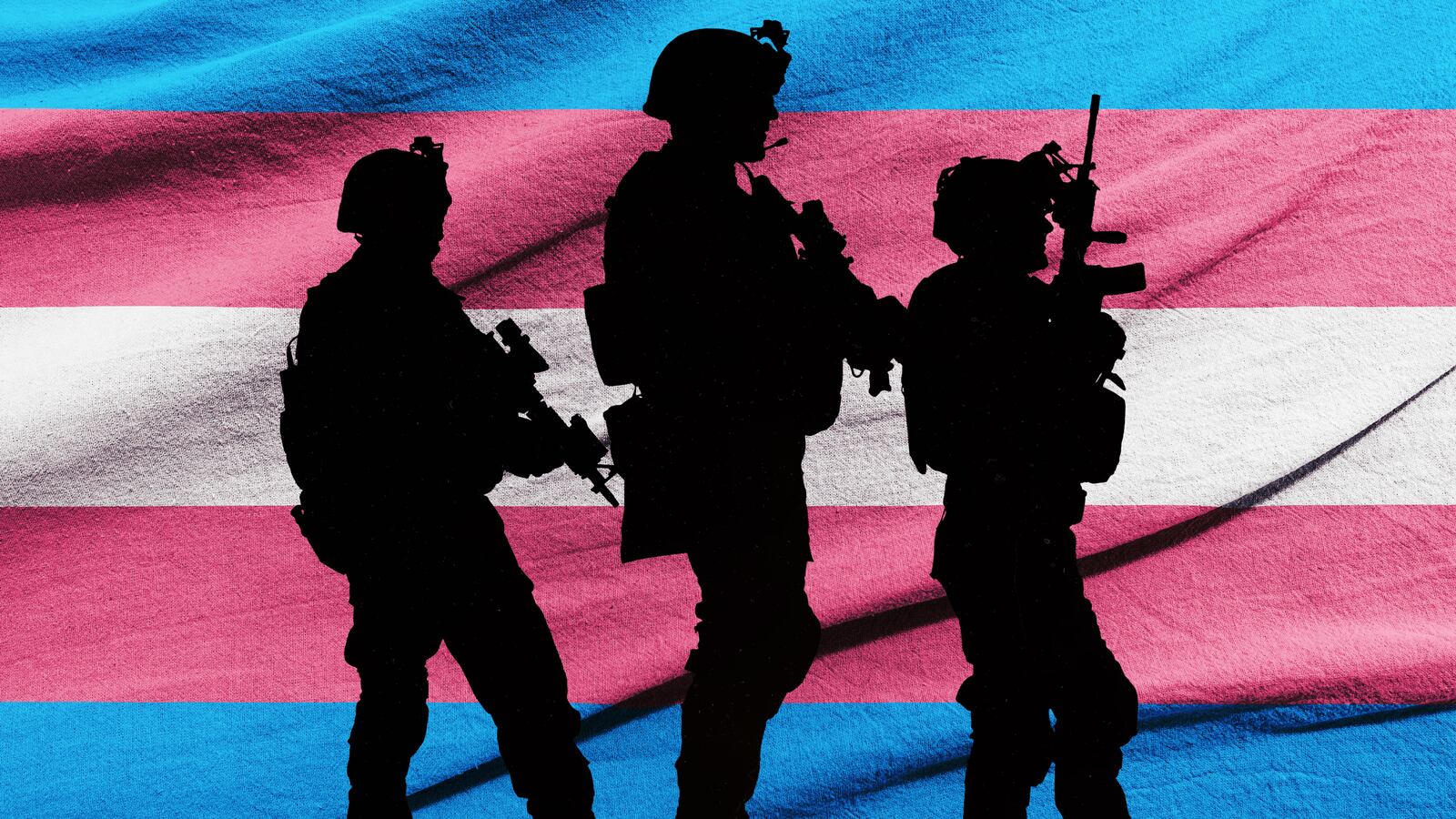 Silhouettes of soldiers and the Transgender flag.