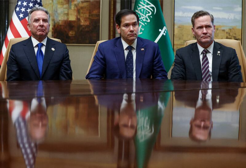 FILE PHOTO: U.S. Secretary of State Marco Rubio, U.S. National Security Advisor Mike Waltz, and U.S. Middle East envoy Steve Witkoff attend an interview after meeting with Russian Foreign Minister Sergei Lavrov and Russian President Vladimir Putin's foreign policy advisor Yuri Ushakov, at Diriyah Palace, in Riyadh, Saudi Arabia, February 18, 2025. REUTERS/Evelyn Hockstein/Pool/File Photo