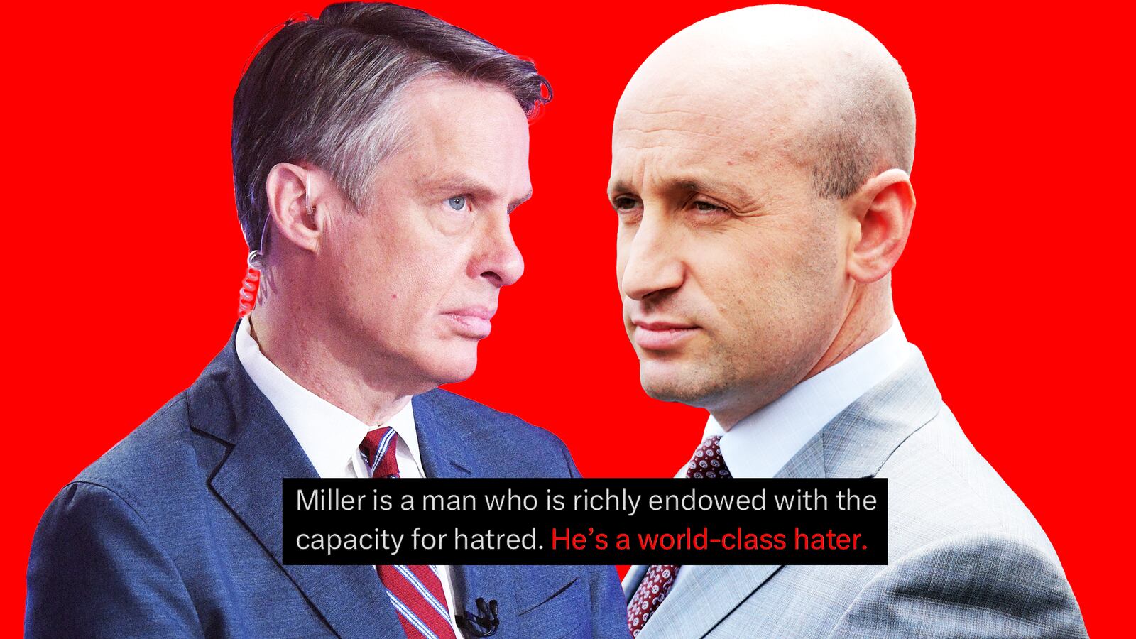 A photo illustration of ABC senior national correspondent Terry Moran, Stephen Miller, and an excerpt of an X/Tweet sent by Moran.