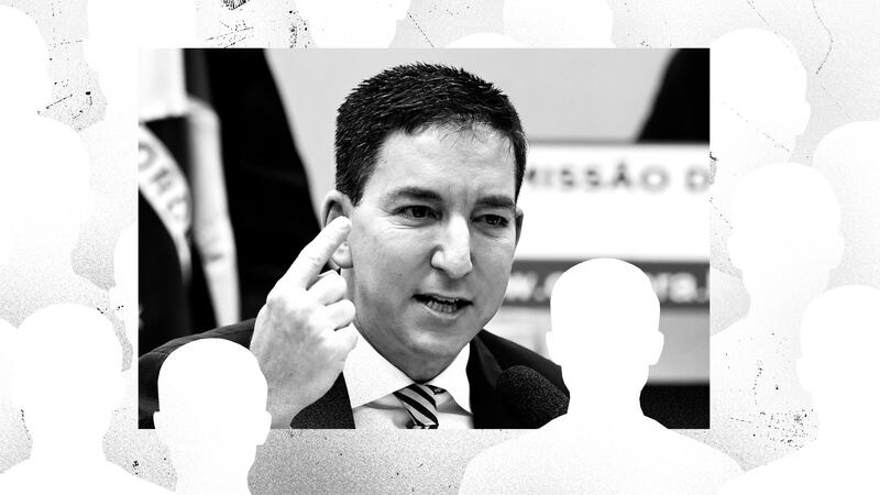 A photo illustration of Glenn Greenwald surrounded by sillhouettes of white figures.