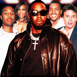 A photo illustration of Michelle Williams, Kanye, Sean Combs, Mike Myers, and Michael B. Jordan.