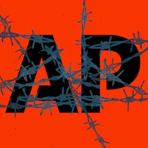 A photo illustration of the Associated Press logo wrapped in barbed wire.