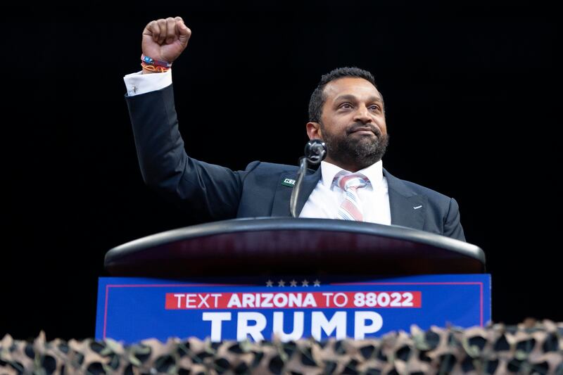 Kash Patel speaks during a campaign rally for Donald Trump at Findlay Toyota Center on October 13, 2024 in Prescott Valley, Arizona.